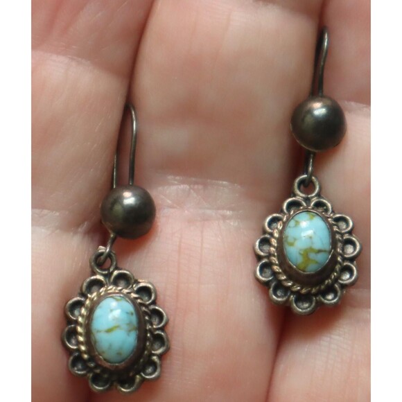 Vintage Sterling Turquoise Dangle Earrings FCP Mexico - Picture 3 of 5